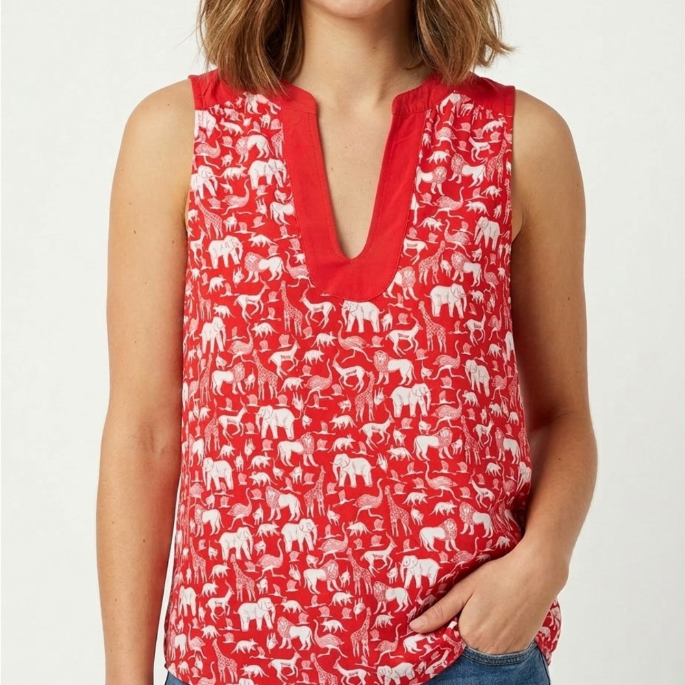 Anthropologie Red Sleeveless Animal-Print V-Neck Blouse